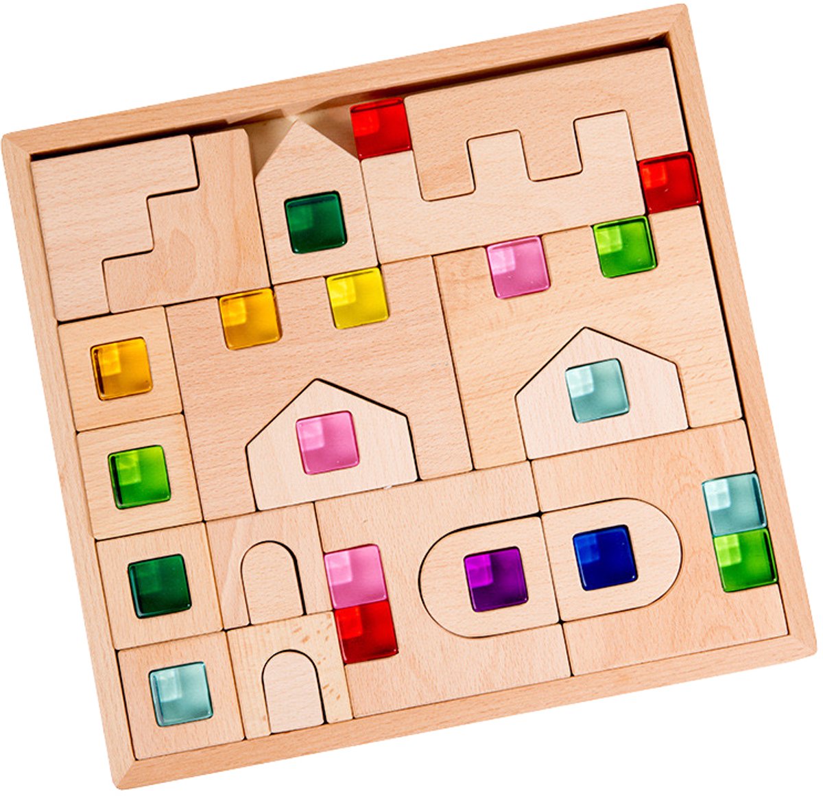 19 transparante acrylische blokken +21 houten kasteel bouwblokken|lucent cubes|gems|openend play|montessori|licht tafel|regenboog